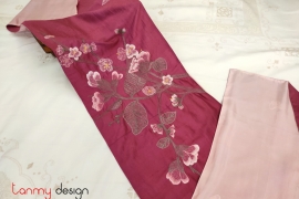 Silk scarf hand-embroidered with peach orchids 38*200 cm